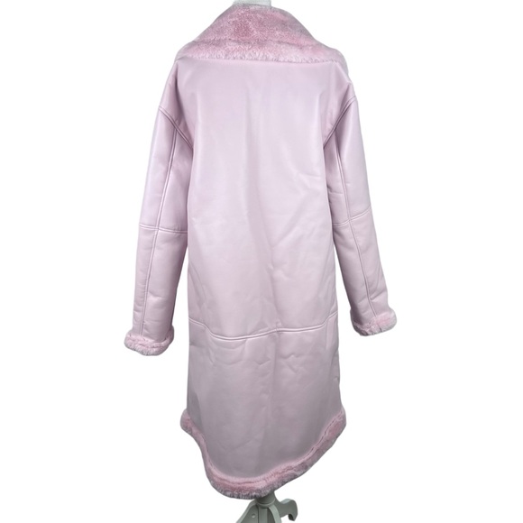 NWT Generation Kiss Nessa Midi Coat Pink Faux Leather Faux Fur Trim Size Medium - Picture 2 of 7